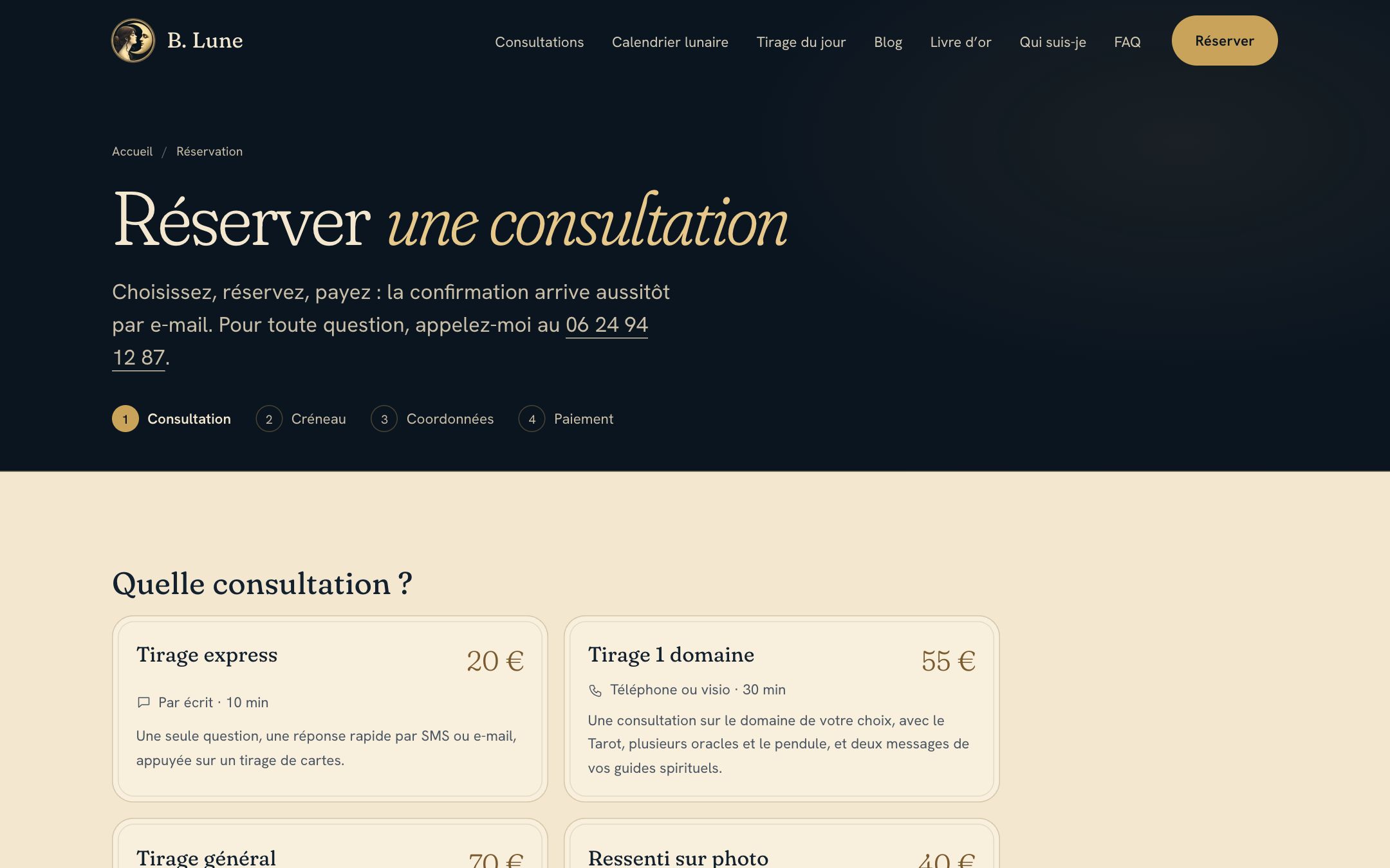 Réservation en ligne en quatre étapes sur le site de B. Lune