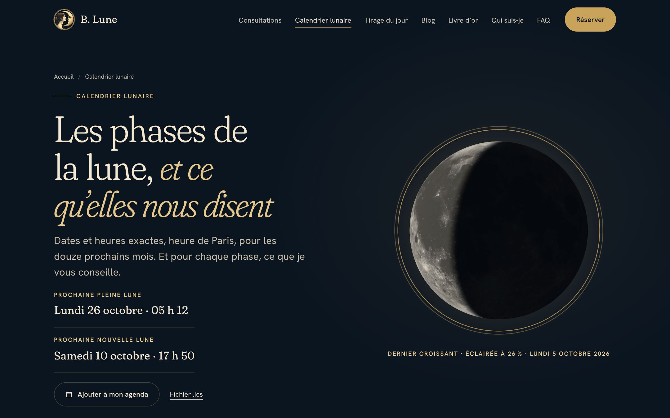 Calendrier lunaire avec les prochaines phases et l'export vers l'agenda